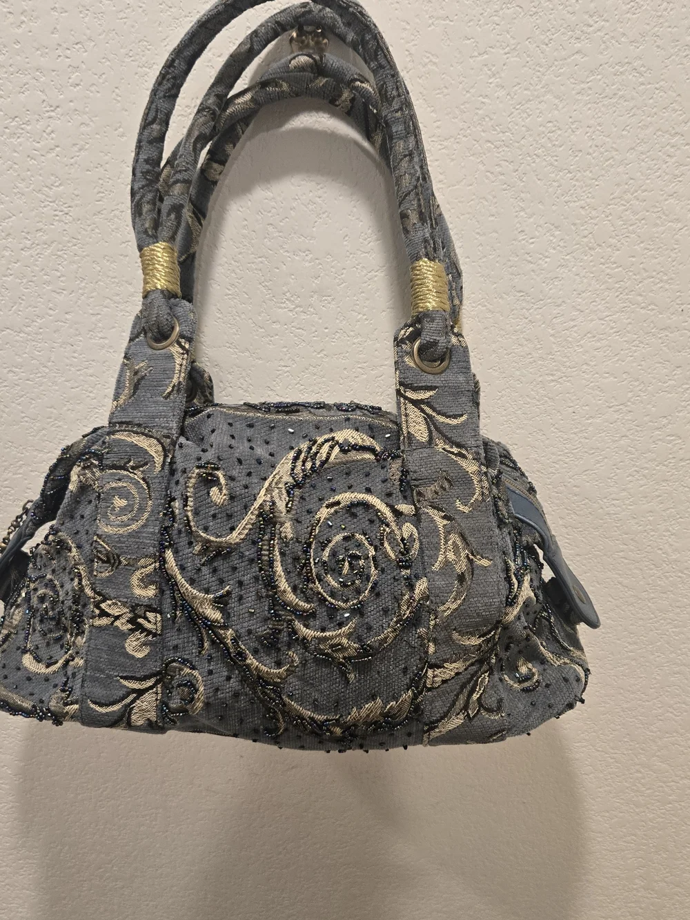 Sans Souci Blue Satchel with Gold Embroidery And Beads